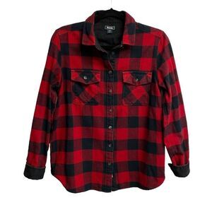 ROOTS Checked Plaid Flannel Button Front Shirt Elbow Patches Red Black S